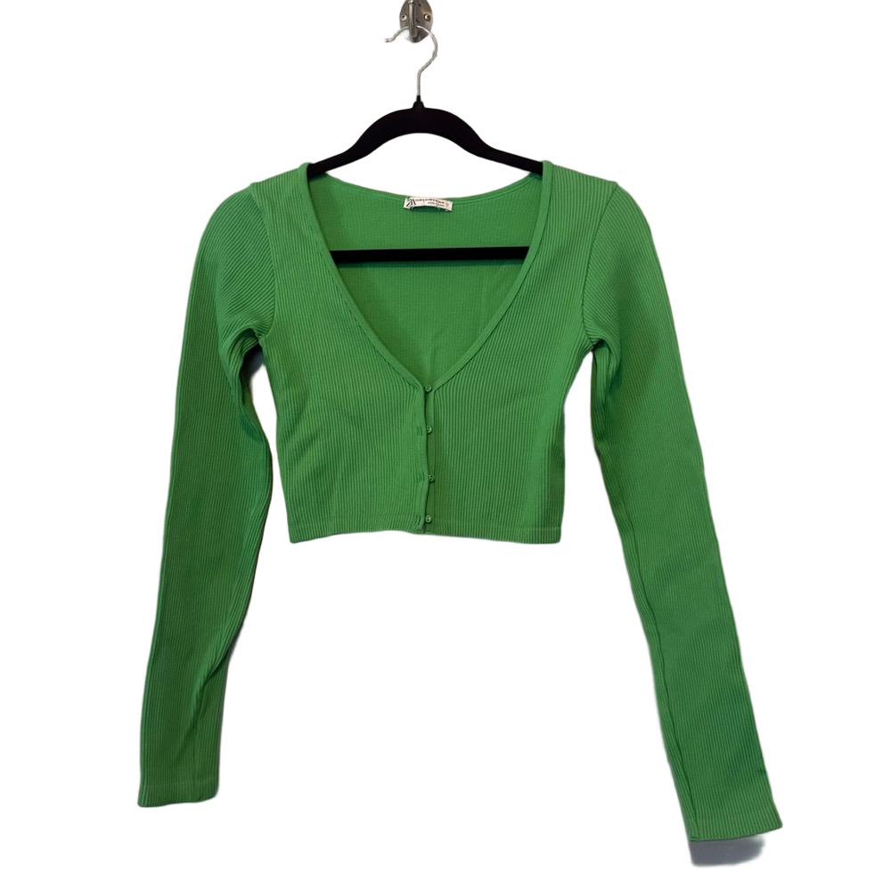 Zara Green Ribbed Button Front Crop Top XS Long Sleeve Fitted Knit - Picture 2 of 4